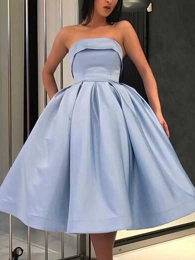 Princess Strapless Satin Tea-length Short Prom Dresses #UKM020106666