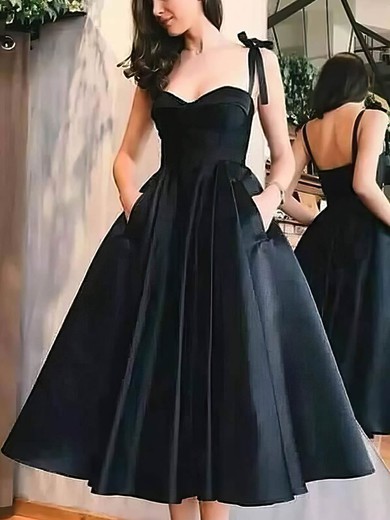 Satin Sweetheart Ball Gown Tea-length Pockets Prom Dresses #UKM020106686