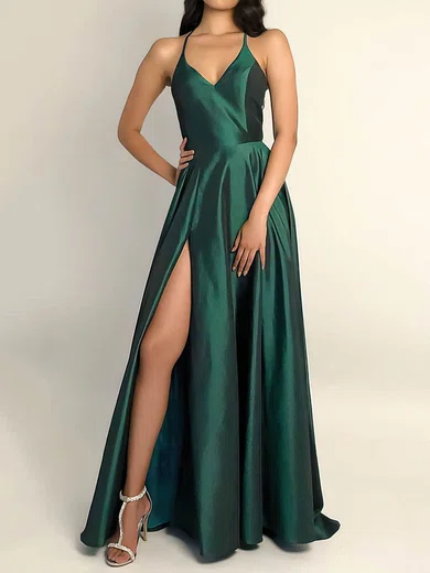 A-line V-neck Satin Prom Dresses With Ruched #UKM020106743