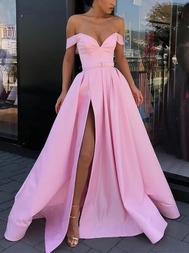 Ball Gown Off-the-shoulder Satin Prom Dresses With Ruched #UKM020106850
