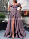 Satin Off-the-shoulder A-line Sweep Train Sashes / Ribbons Prom Dresses #UKM020106854