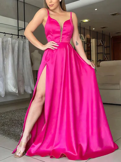 Silk-like Satin V-neck A-line Sweep Train Split Front Prom Dresses #UKM020106866