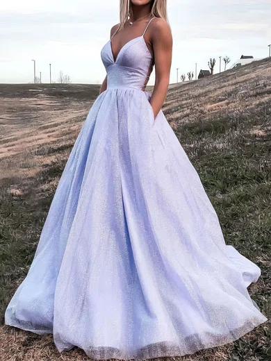 Ball Gown V-neck Floor-length Tulle Prom Dresses #UKM020106870