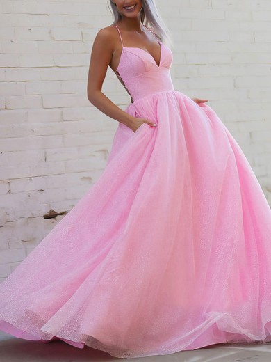 Ball Gown/Princess Floor-length V-neck Glitter Pockets Prom Dresses #UKM020106872