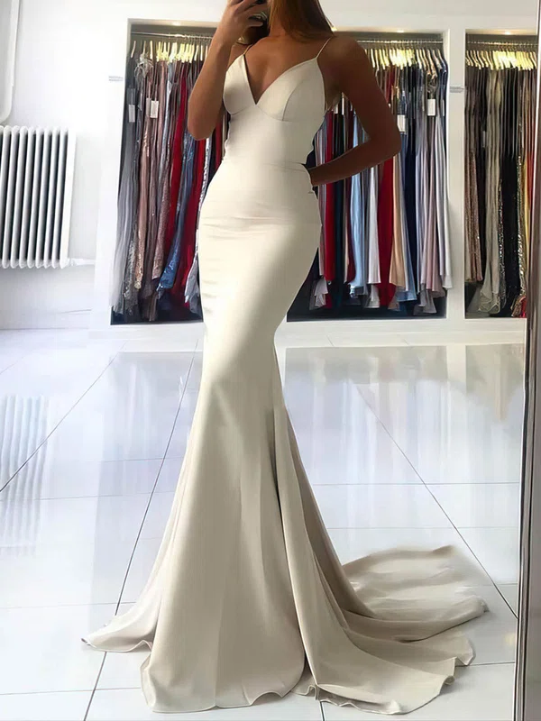 Mermaid V-neck Stretch Crepe Backless Prom Dresses #UKM020106919