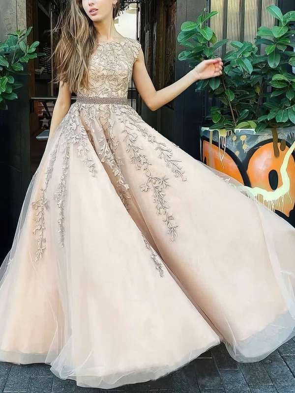 Ball Gown/Princess Sweep Train Scoop Neck Tulle Beading Prom Dresses #UKM020106667