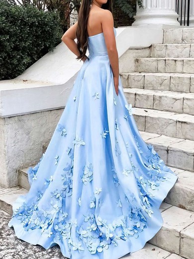 Ball Gown/Princess Sweep Train Straight Satin Flower(s) Prom Dresses #UKM020106680