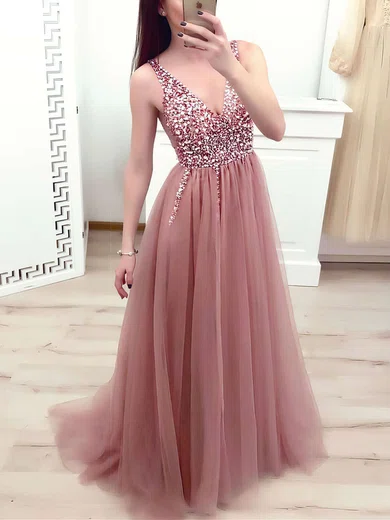 Tulle V-neck A-line Sweep Train Beading Prom Dresses #UKM020106698