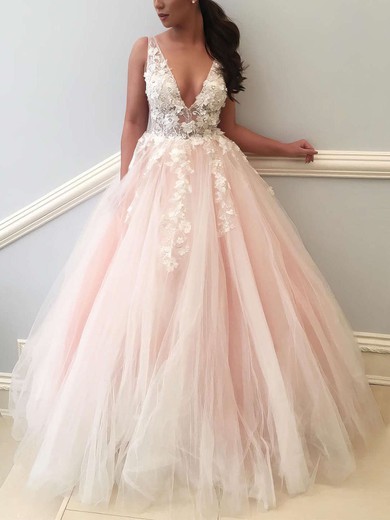Tulle V-neck Ball Gown Sweep Train Appliques Lace Prom Dresses #UKM020106757