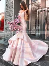 Satin Off-the-shoulder Trumpet/Mermaid Court Train Tiered Prom Dresses #UKM020106777