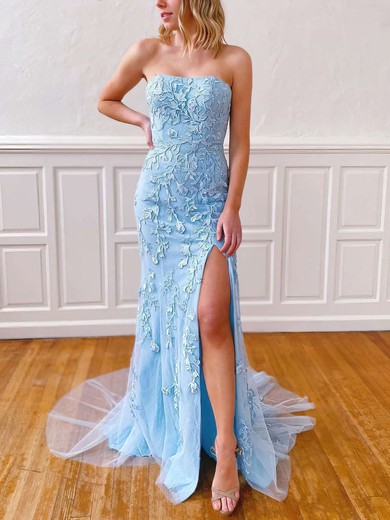 Lace Tulle Strapless Sheath/Column Sweep Train Appliques Lace Prom Dresses #UKM020106782