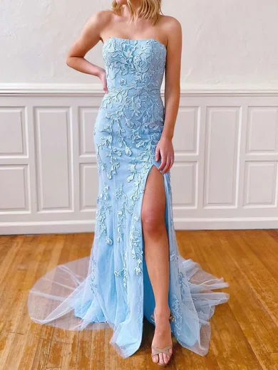 Sheath/Column Strapless Lace Tulle Prom Dresses With Appliques #UKM020106782