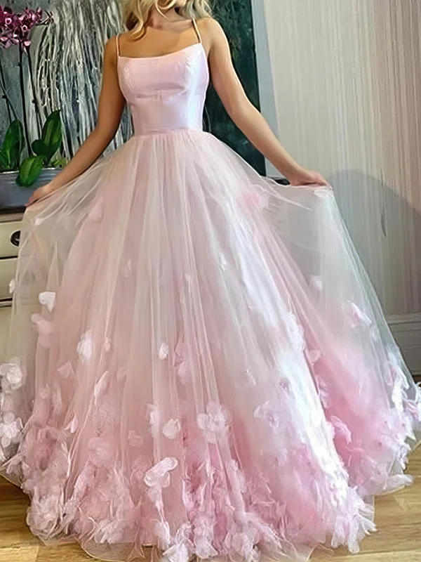 Ball Gown/Princess Sweep Train Scoop Neck Tulle Flower(s) Prom Dresses #UKM020106830