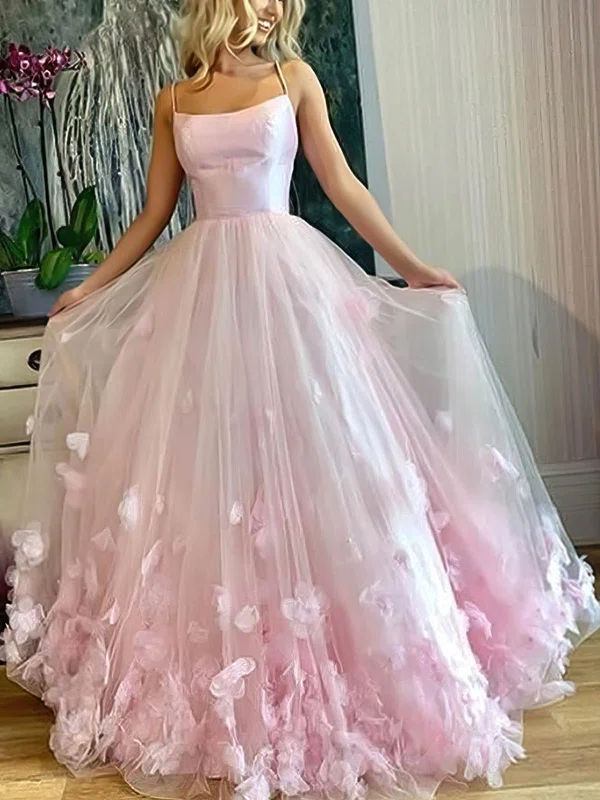 Ball Gown/Princess Sweep Train Scoop Neck Tulle Flower(s) Prom Dresses #UKM020106830