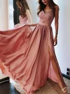 A-line Floor-length V-neck Silk-like Satin Appliques Lace Prom Dresses #UKM020106842