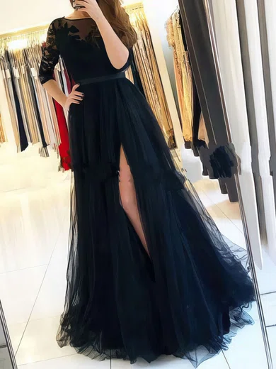 Black Ball Gown Illusion Tulle Prom Dresses With Appliques #UKM020106912