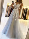 Ball Gown/Princess Sweep Train V-neck Tulle Beading Prom Dresses #UKM020106918