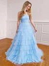 Ball Gown/Princess Sweep Train Straight Tulle Beading Prom Dresses #UKM020106923