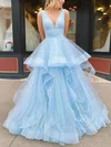 Ball Gown/Princess Floor-length V-neck Tulle Glitter Tiered Prom Dresses #UKM020106925