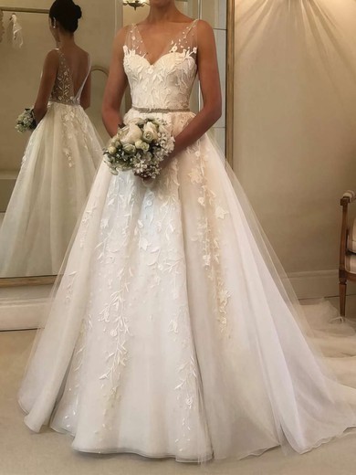 Ball Gown/Princess V-neck Tulle Sweep Train Wedding Dresses With Beading #UKM00023574