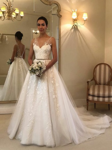 Tulle V-neck Ball Gown Sweep Train Beading Wedding Dresses #UKM00023574