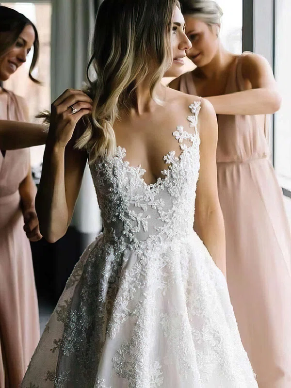 Lace Scoop Neck Princess Sweep Train Appliques Lace Wedding Dresses #UKM00023575