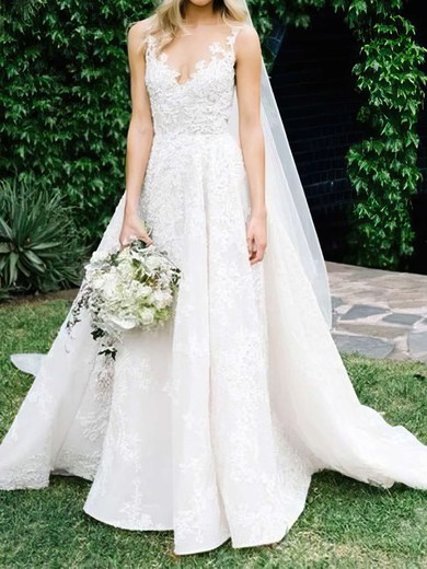 Ball Gown/Princess Illusion Lace Sweep Train Wedding Dresses With Pockets #UKM00023575