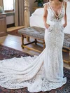 Trumpet/Mermaid V-neck Lace Court Train Wedding Dresses With Pockets #UKM00023577