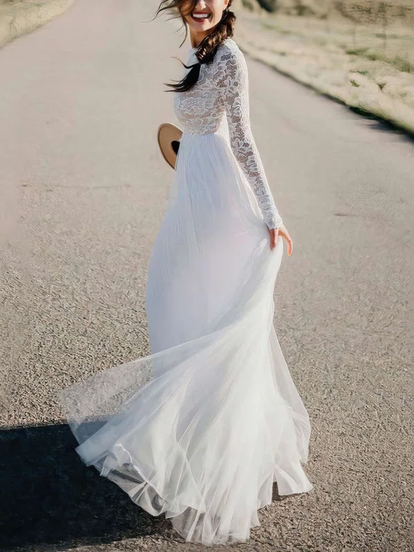 Lace Tulle Scoop Neck A-line Floor-length Appliques Lace Wedding Dresses #UKM00023578