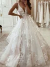 Ball Gown/Princess V-neck Tulle Floor-length Beading Wedding Dresses #UKM00023579