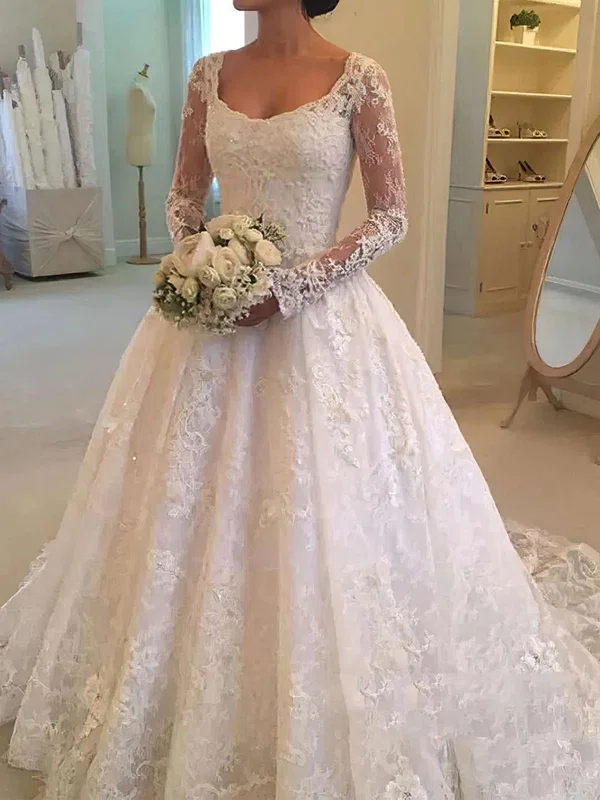 Ball Gown Square Neckline Lace Sweep Train Wedding Dresses With Appliques Lace #UKM00023580