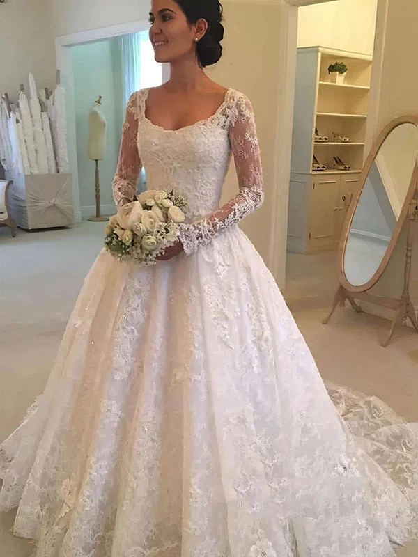 Lace Square Neckline Ball Gown Sweep Train Appliques Lace Wedding Dresses #UKM00023580
