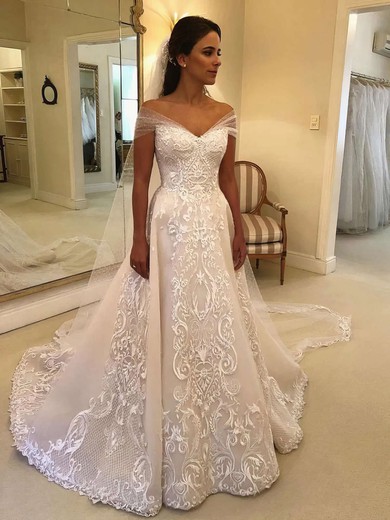 Tulle Off-the-shoulder Ball Gown Sweep Train Appliques Lace Wedding Dresses #UKM00023581