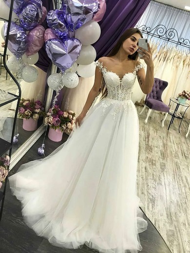 Tulle Scoop Neck A-line Floor-length Appliques Lace Wedding Dresses #UKM00023582