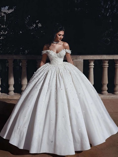 Ball Gown Off-the-shoulder Satin Floor-length Wedding Dresses With Flower(s) #UKM00023583