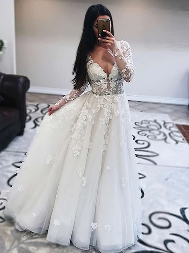 Ball Gown V-neck Tulle Floor-length Wedding Dresses With Beading #UKM00023584