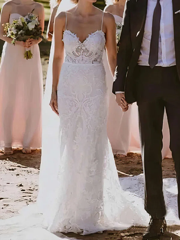 Trumpet/Mermaid Sweetheart Lace Court Train Wedding Dresses With Sashes / Ribbons #UKM00023585