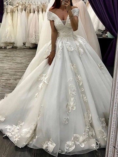 Ball Gown/Princess Off-the-shoulder Organza Court Train Wedding Dresses With Appliques Lace #UKM00023587