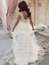 Tulle V-neck A-line Sweep Train Appliques Lace Wedding Dresses #UKM00023588