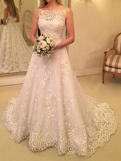 Ball Gown/Princess Square Neckline Tulle Sweep Train Wedding Dresses With Appliques Lace #UKM00023591