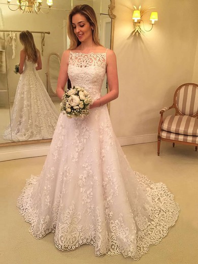 Ball Gown Square Neckline Tulle Sweep Train Wedding Dresses With Appliques Lace #UKM00023591