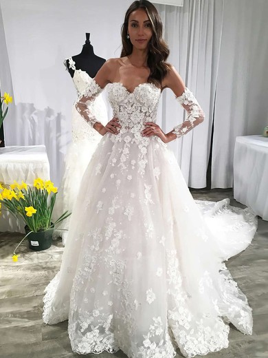 Tulle Off-the-shoulder Ball Gown Court Train Appliques Lace Wedding Dresses #UKM00023593