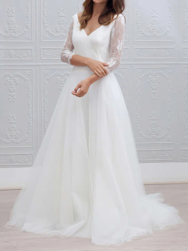 Ball Gown V-neck Lace Tulle Sweep Train Wedding Dresses #UKM00023595