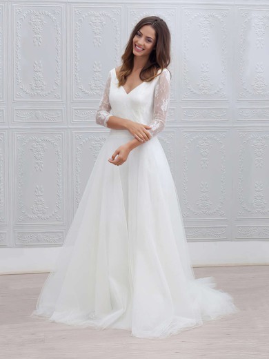 Lace Tulle V-neck A-line Sweep Train Wedding Dresses #UKM00023595