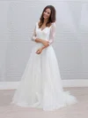 Ball Gown V-neck Lace Tulle Sweep Train Wedding Dresses #UKM00023595