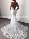 Tulle V-neck Trumpet/Mermaid Sweep Train Appliques Lace Wedding Dresses #UKM00023596