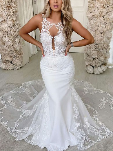 Tulle Scoop Neck Trumpet/Mermaid Court Train Appliques Lace Wedding Dresses #UKM00023599