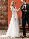 Lace Tulle V-neck A-line Floor-length Lace Wedding Dresses #UKM00023600