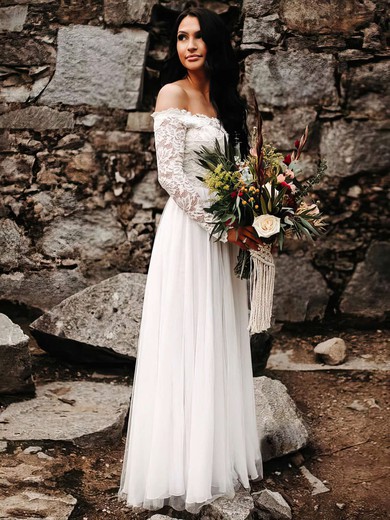A-line Off-the-shoulder Lace Chiffon Floor-length Wedding Dresses #UKM00023603