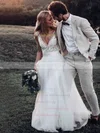 Tulle V-neck A-line Floor-length Appliques Lace Wedding Dresses #UKM00023606